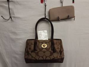 Genuine COACH Signature Handbag (Pink Inside) & Tan Wallet