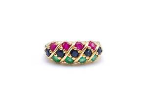 Colorful Natural Emerald, Sapphire, and Ruby Estate Ring in 14k Yellow Gold