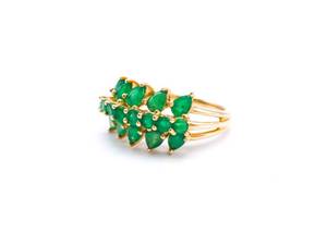 Radiant Natural Emerald Cluster Estate Ring in 14k Yellow Gold