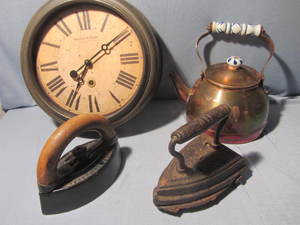 Retro Clock, Tea Kettle, Sad Irons
