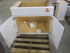 lot 58 image: Hampton Bay Madison Assembled 36x34.5x24 in. Sink Base Cabinet in Warm White BS36-MWW