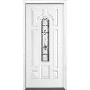 lot 267 image: New Masonite 36 in. x 80 in. Providence Center Arch Lite Left Hand Inswing Primed White 8-Panel Smooth Fiberglass Prehung Front Door w Brickmold, 14674