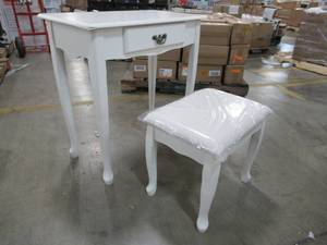 lot 220 image: Small White Vanity With Stool - Missing Mirror and Has Some Slight Corner Damage and Scratches.