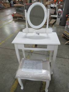 lot 221 image: Small White Vanity With Stool and Mirror - Missing Drawer and Has Some Slight Corner Damage and Scratches.