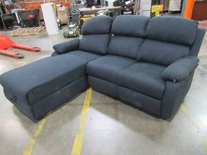 lot 222 image: Ottomanson Recliner L-Shaped Navy Blue Corner Sectional Sofa with Storage Compartment. - Back on Chaise Is Loose and Needs to be Fixed.