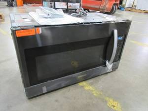 lot 245 image: Samsung  30 in. W 1.8 cu. ft. Over the Range Microwave in Black Stainless with Sensor Cooking, ME18H704SFG. - Dent on LH Side - Works Great