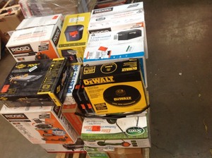 Pallet with assorted outdoor tools and shop equipment Dewalt , Ridgid, Husky  and more original customer returns