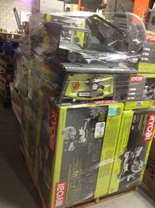 Pallet with assorted Ryobi Toolls. Customer returns. Some of the contents of this pallets are Sliding Compound Miter Saw,Table Saw and more aprox retail $ 4000