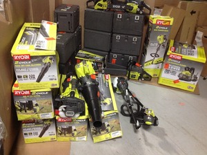 Pallet with assorted outdoor tools and shop equipment original returns