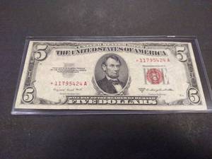 lot 153 image: 1953 B Star Note Five Dollar Red Se...
