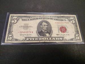 lot 154 image: 1963 Star Note Five Dollar Red Seal...