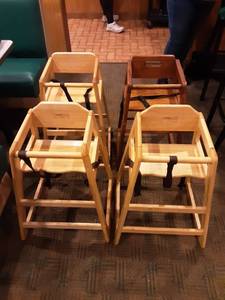 lot 2 image: 4-Wood High Chairs, 4-Plastic Booster Seats