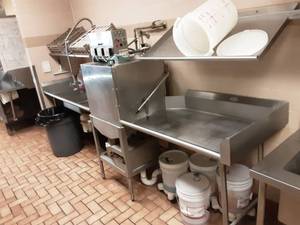 lot 9 image: Reinhart Dishwasher With Table, Slant Rack Shelves, Waste King Disposal, Chemicals