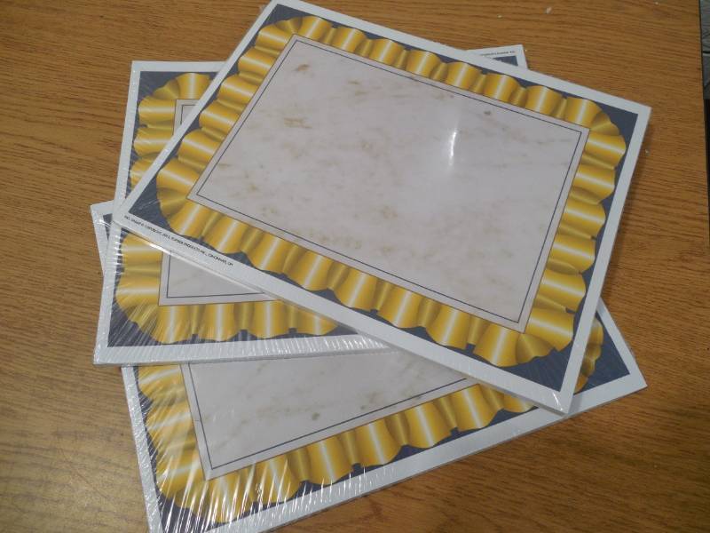 lot 41 image: Hayes Replacement Blank Certificate with Borders, 11 x 8-12 inches, Paper, Gold Ribbon, Pack of 150