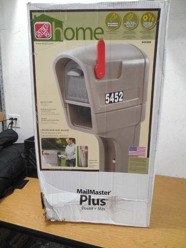 lot 102 image: Mailbox Post Kit Step2 MailMaster Front Rear Access Newspaper Holder Stone Gray