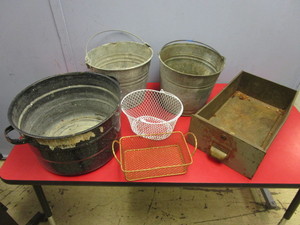 lot 423 image: VINTAGE GALVANIZED PLANTER BUCKETS, DRAWER