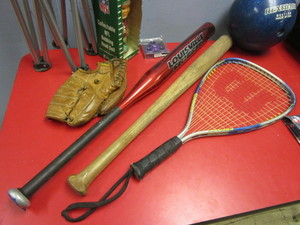 lot 429 image: COLLECTIBLE NFL BOBBING HEAD DOLL, LOUISVILLE SLUGGER BAT, BOWLING BALL, CAMP CHAIR, MORE