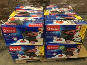 Pallet with 12 O-Cedar Easywring spin mop and buckets open boxes customer returns