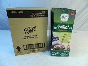 lot 61 image: Case of New Ball Mason Jar Sip and Straw Lids