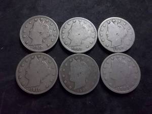 6 Liberty Head V-Nickels 1893-1912 No Dups