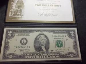 5-Two Dollar Bill Notes Crisp Unc. With Collector Case