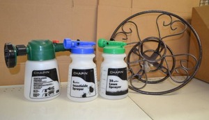 lot 127 image: (3) Lawn Sprayers and Decorative Wall Hanging Hose Reel