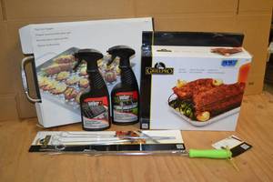 lot 137 image: GrillPro Rib Rack and Flat Grill Topper  (2) Weber grate and Grill Cleaners and Accessories