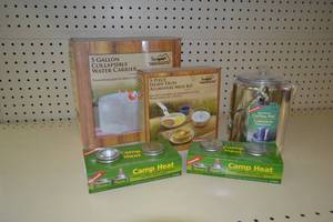 lot 329 image: Lot of Camping Dishes, Water Carrier and Camp Heat Cans