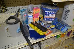 lot 339 image: Lot of Cleaning Supplies - Sponges, Mop Heads, Bucket, Brooms and More