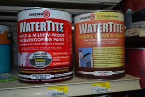 lot 1706 image: 1 Gallon Zinsser Oil-Based WaterTite Mold & Mildew-Proof Waterproofing Paint, Bright White AND 1 Gallon Zinsser Flat Latex WaterTite Flexible Primer & Finish, Tintable White