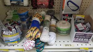 lot 1033 image: Contents of Shelf - Rope, Aluminum Spring Snap Clamps, Twine and More
