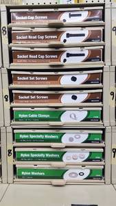 lot 928 image: (3) Parts Cabinets w Socket Cap Screws, Set Screws and Nylon Washers Sizes 10-24 thru 58