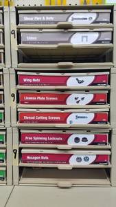 lot 929 image: (3) Parts Cabinets w Shear Pins, Locknuts, Shims and More