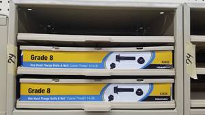 lot 993 image: (4) Parts Cabinets w Grade 8 Hex Head Flange Bolts and Lag Screws Sizes 14 to 12
