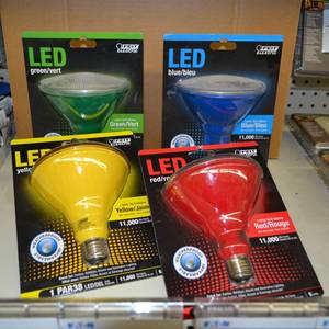 lot 1179 image: (4) LED Colored Flood Lights - Green, Blue, Red, Yellow