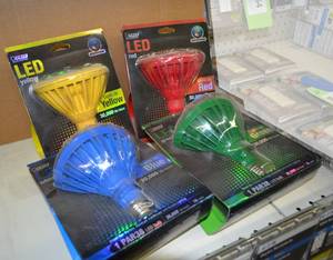 lot 1180 image: (5) LED Colored Flood Lights - Green, Blue, Red, Yellow