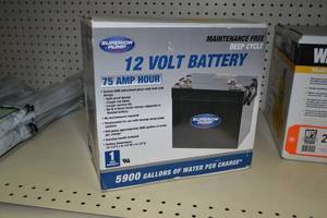 lot 2301 image: Superior Pump 12 Volt 75Ah Battery  Maintenance Free Deep Cycle