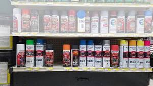 lot 807 image: Assorted Rustoleum Line Marking Paint and More Spray Paint - Contents of Shelf - See Pics