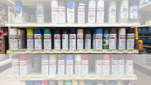 lot 813 image: Assorted Rustoleum, Valspar and More Spray Paint - Contents of Shelf - See Pics