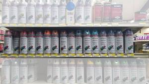 lot 817 image: Shelf of Valspar Premium Spray Paint and More