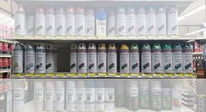 lot 818 image: Shelf of Valspar Premium Spray Paint and More