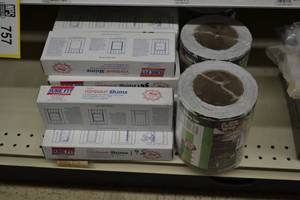 lot 761 image: (3) Rolls Protecto Super Stick Building Wrap  x 75 and (10) Boxes of Sure Fit Shims