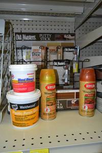 lot 1790 image: Old Masters Putty Stick, 2 Cans Krylon Wood Stain, Plastic Resin Glue, Wood Bleach
