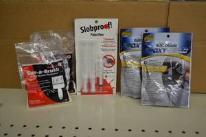 lot 1853 image: (2) RustOleum Epoxy Shield Anti-Skid Additive, Red Devil Sav-a-Brush Paint Brush Restorer, Slobproof Paint Pens