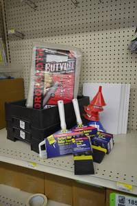 lot 1870 image: 3 Heavy Duty Simms Plastic Paint Trays, 2 Simms Tray Arms, 12 x 15 Heavy Duty Canvas Drop Cloth, 2 - 9 Roller Frames, 2 & 3 Foam Brushes w Refills, Funnels, Sample Boards
