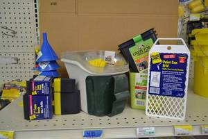 lot 1873 image: Trim Cups with Liners, Fits All Paint Can Spouts, Funnels, Foam Brushes with Refills, Paint Can Grids