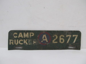 lot 65 image: Orig Vintage WW2 Era CAMP RUCKER Military Vehicle License Plate Topper