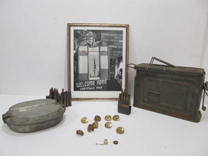 lot 70 image: Group of Vintage Military Items - Ammo Crate wRounds of Ammo etc