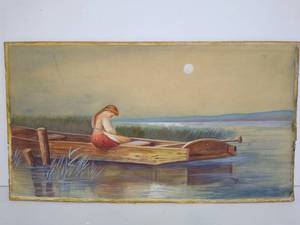 lot 104 image: Unframed Antique Gouache Painting on Paperboard Panel - Sad Girl in Rowboat 