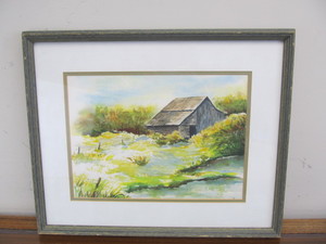 lot 90 image: Framed Signed Vintage Watercolor Landscape wCabin Painting